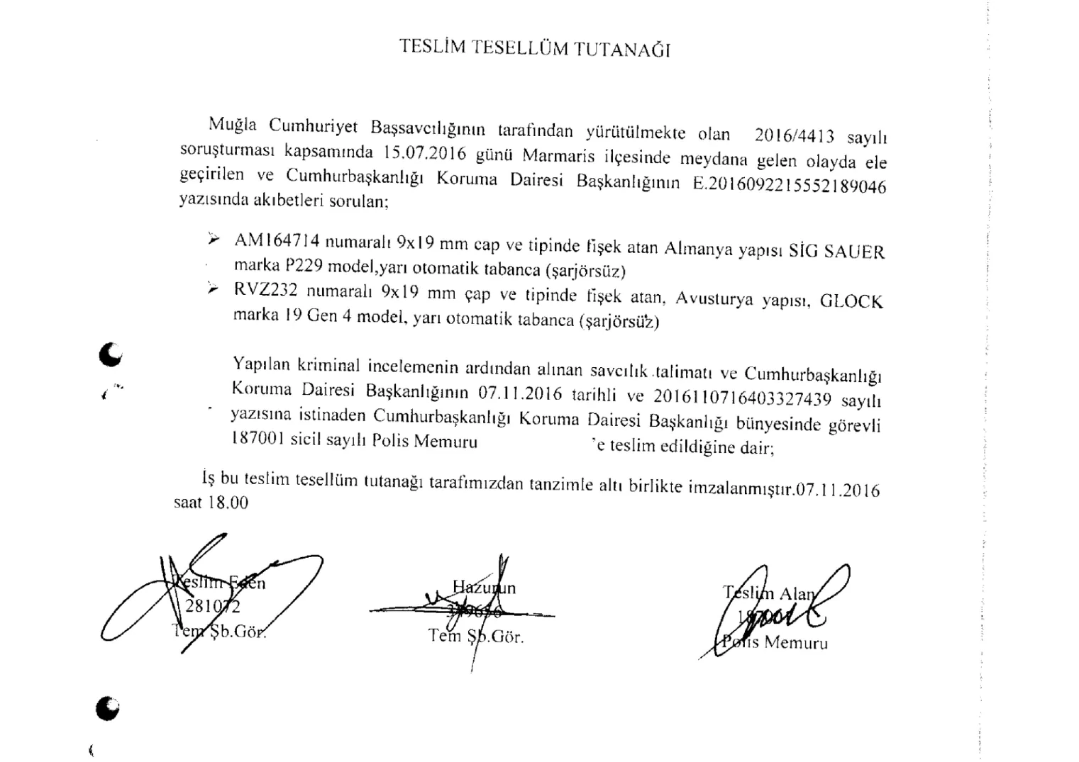 Procès-verbal de remise-réception des pistolets Sig Sauer AM 164714 et Glock RVZ 232 — première page